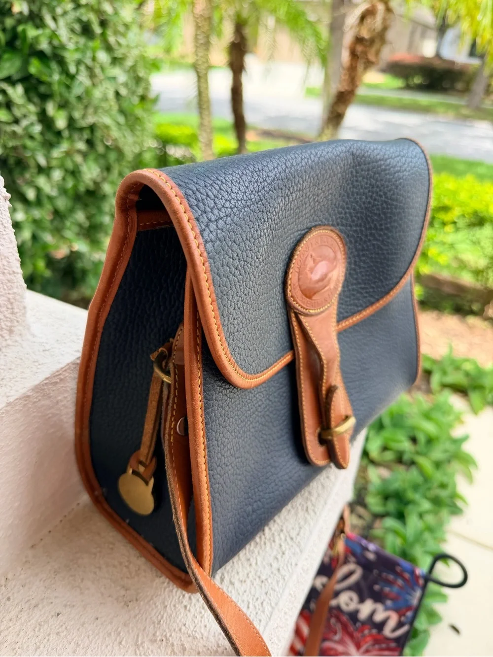 Vintage Dooney & Bourke All Weather Leather Navy British Tan Crossbody USA Made